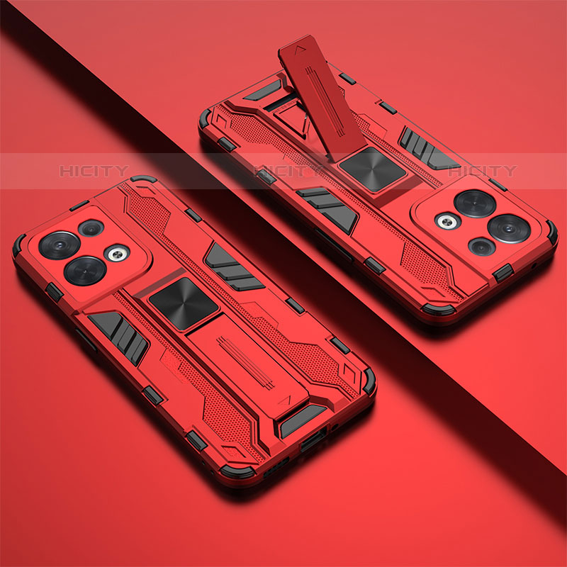 Silikon Hülle Handyhülle und Kunststoff Schutzhülle Hartschalen Tasche mit Magnetisch Ständer T01 für Oppo Reno8 5G Rot