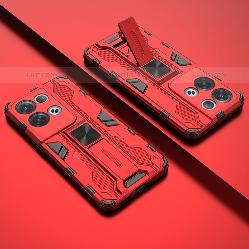 Silikon Hülle Handyhülle und Kunststoff Schutzhülle Hartschalen Tasche mit Magnetisch Ständer T01 für Oppo Reno8 Pro+ Plus 5G Rot