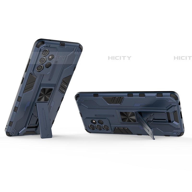 Silikon Hülle Handyhülle und Kunststoff Schutzhülle Hartschalen Tasche mit Magnetisch Ständer T01 für Samsung Galaxy A72 4G Blau Plus