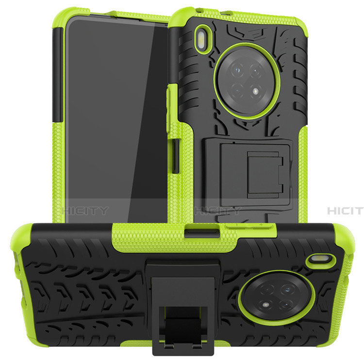 Silikon Hülle Handyhülle und Kunststoff Schutzhülle Hartschalen Tasche mit Ständer A01 für Huawei Y9a Grün Plus