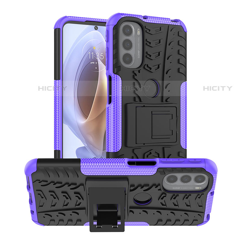 Silikon Hülle Handyhülle und Kunststoff Schutzhülle Hartschalen Tasche mit Ständer A01 für Motorola Moto G41 Violett