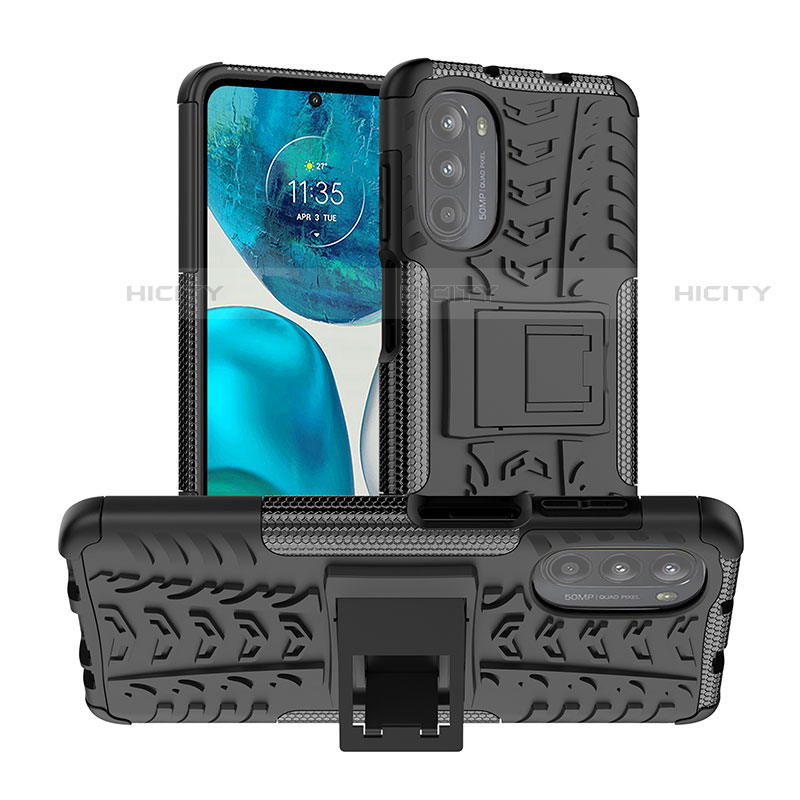 Silikon Hülle Handyhülle und Kunststoff Schutzhülle Hartschalen Tasche mit Ständer A01 für Motorola Moto G82 5G groß