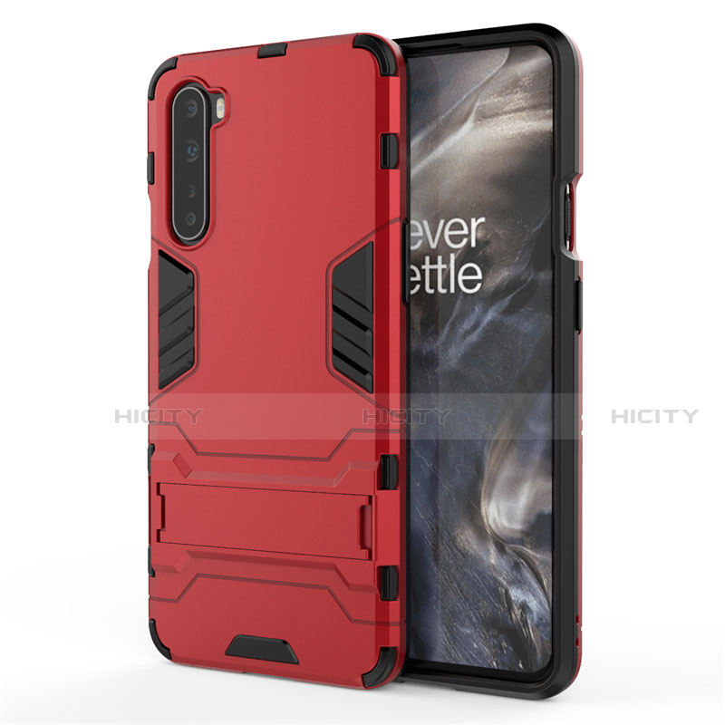 Silikon Hülle Handyhülle und Kunststoff Schutzhülle Hartschalen Tasche mit Ständer A01 für OnePlus Nord Rot