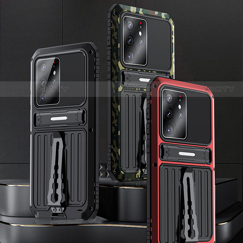 Silikon Hülle Handyhülle und Kunststoff Schutzhülle Hartschalen Tasche mit Ständer A01 für Samsung Galaxy S21 Ultra 5G groß
