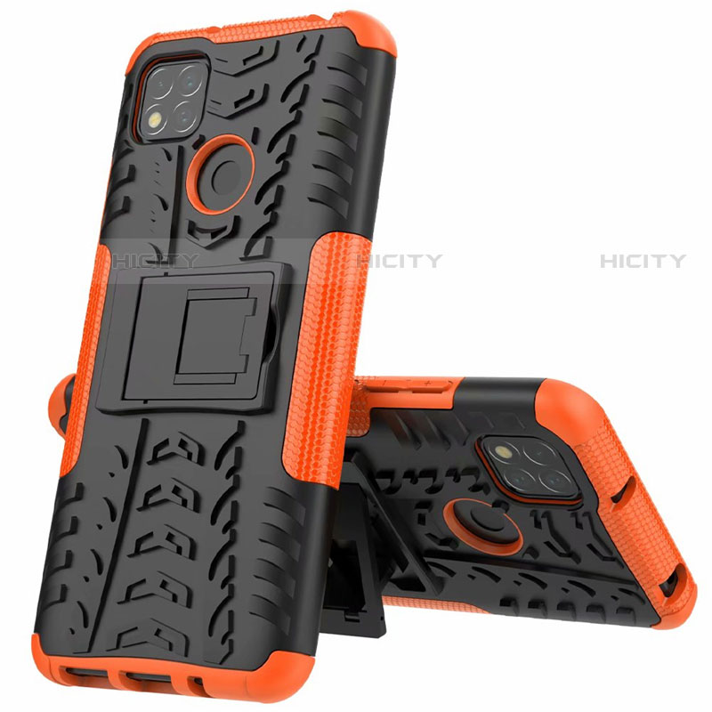 Silikon Hülle Handyhülle und Kunststoff Schutzhülle Hartschalen Tasche mit Ständer A01 für Xiaomi Redmi 9C Orange