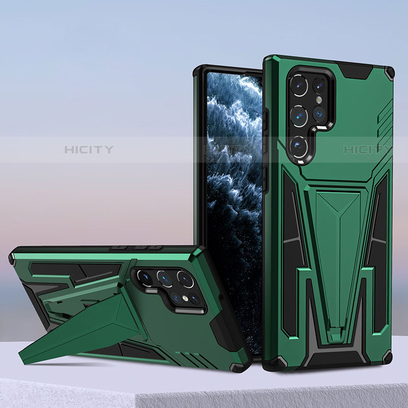 Silikon Hülle Handyhülle und Kunststoff Schutzhülle Hartschalen Tasche mit Ständer A04 für Samsung Galaxy S21 Ultra 5G Grün Plus