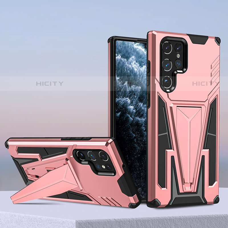 Silikon Hülle Handyhülle und Kunststoff Schutzhülle Hartschalen Tasche mit Ständer A04 für Samsung Galaxy S21 Ultra 5G Rosegold Plus