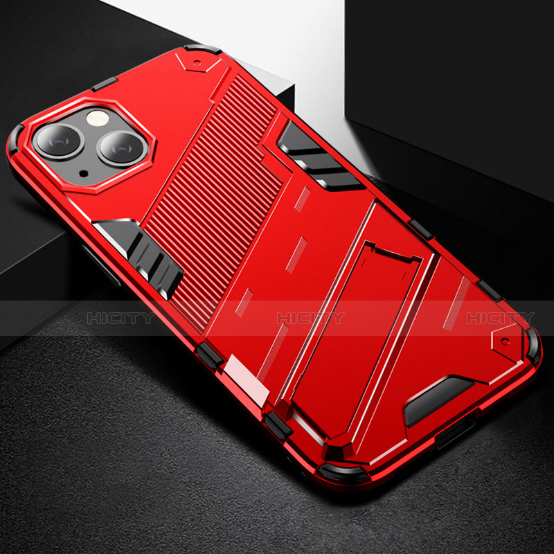 Silikon Hülle Handyhülle und Kunststoff Schutzhülle Hartschalen Tasche mit Ständer A05 für Apple iPhone 14 Rot Plus