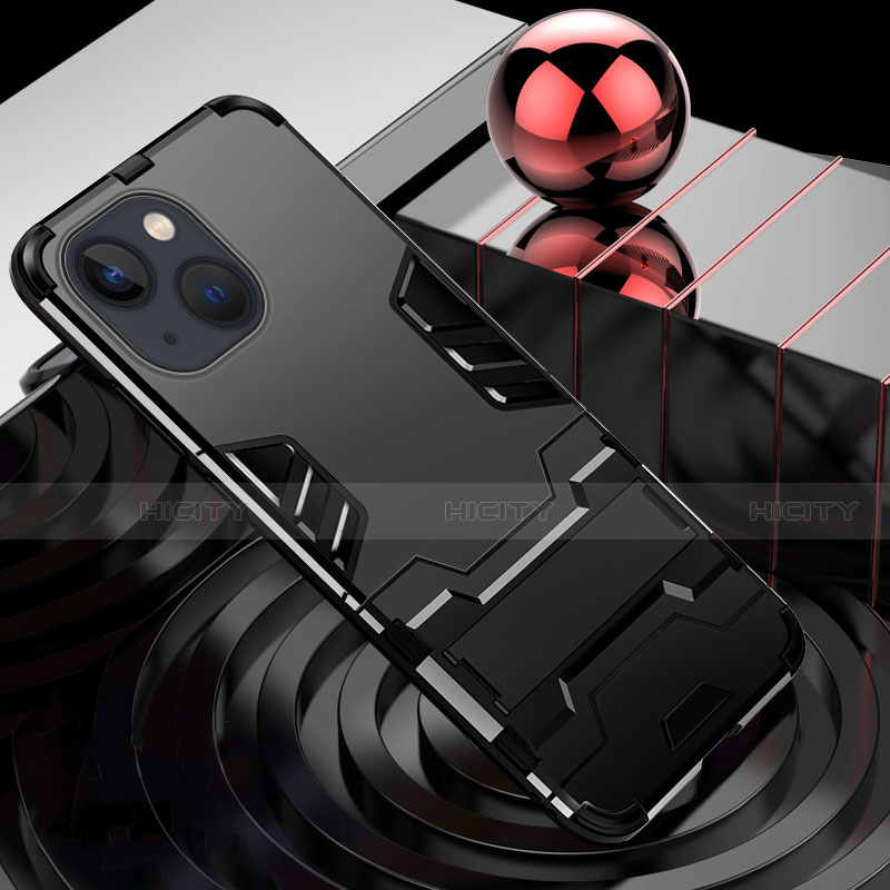 Silikon Hülle Handyhülle und Kunststoff Schutzhülle Hartschalen Tasche mit Ständer A06 für Apple iPhone 13 groß
