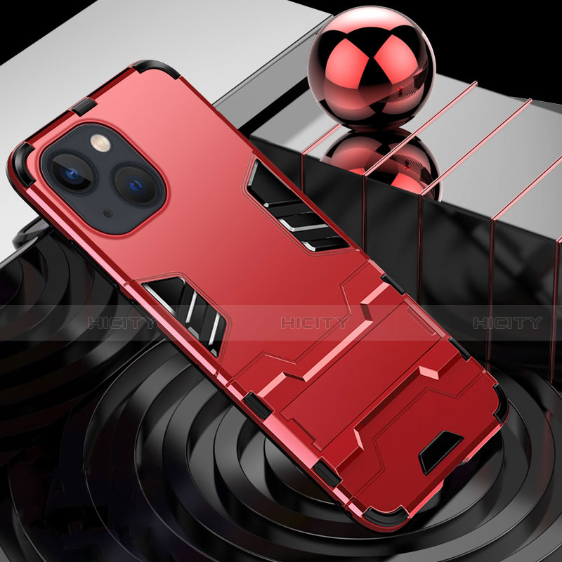 Silikon Hülle Handyhülle und Kunststoff Schutzhülle Hartschalen Tasche mit Ständer A06 für Apple iPhone 13 Rot Plus