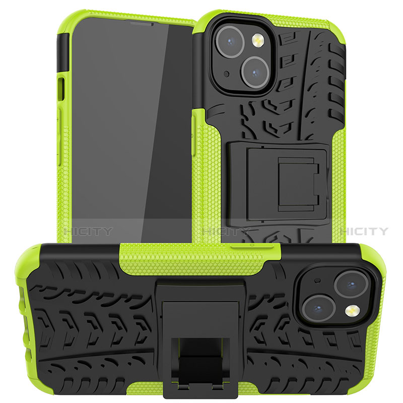 Silikon Hülle Handyhülle und Kunststoff Schutzhülle Hartschalen Tasche mit Ständer A07 für Apple iPhone 13 Mini Grün Plus