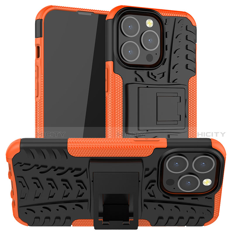 Silikon Hülle Handyhülle und Kunststoff Schutzhülle Hartschalen Tasche mit Ständer A07 für Apple iPhone 13 Pro Max Orange
