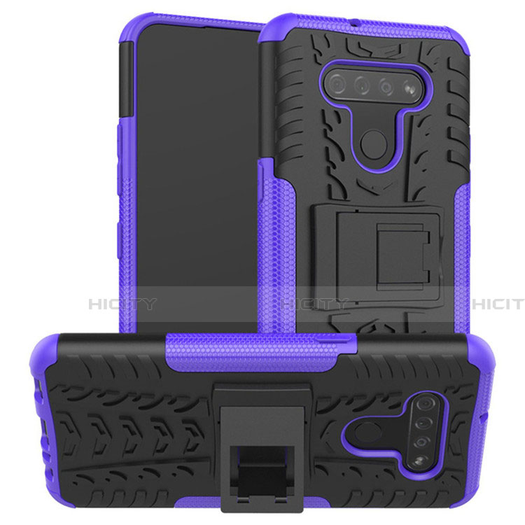 Silikon Hülle Handyhülle und Kunststoff Schutzhülle Hartschalen Tasche mit Ständer für LG K51 Violett Plus
