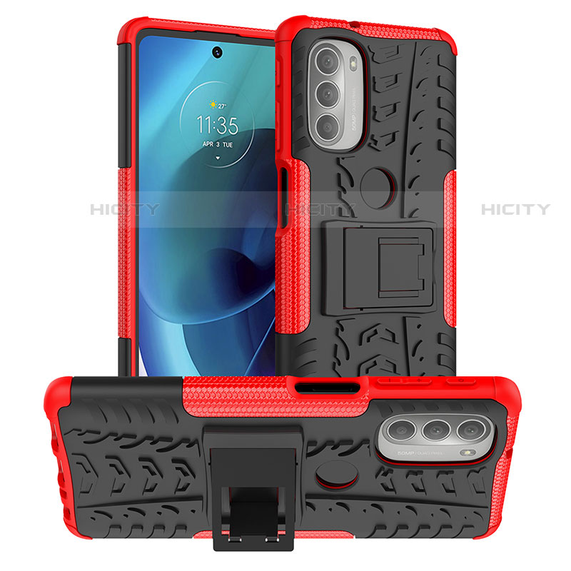 Silikon Hülle Handyhülle und Kunststoff Schutzhülle Hartschalen Tasche mit Ständer für Motorola Moto G51 5G Rot