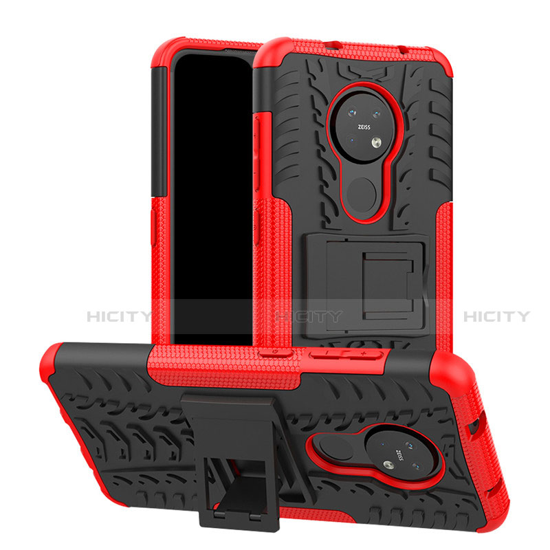 Silikon Hülle Handyhülle und Kunststoff Schutzhülle Hartschalen Tasche mit Ständer für Nokia 7.2 Rot