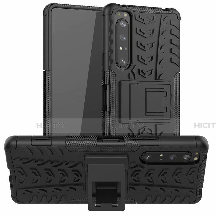 Silikon Hülle Handyhülle und Kunststoff Schutzhülle Hartschalen Tasche mit Ständer für Sony Xperia 1 II