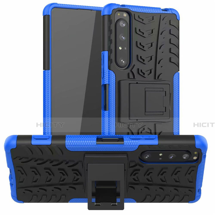 Silikon Hülle Handyhülle und Kunststoff Schutzhülle Hartschalen Tasche mit Ständer für Sony Xperia 1 II Blau