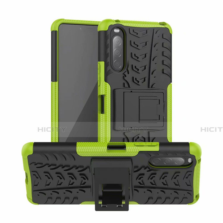 Silikon Hülle Handyhülle und Kunststoff Schutzhülle Hartschalen Tasche mit Ständer für Sony Xperia 10 II Grün