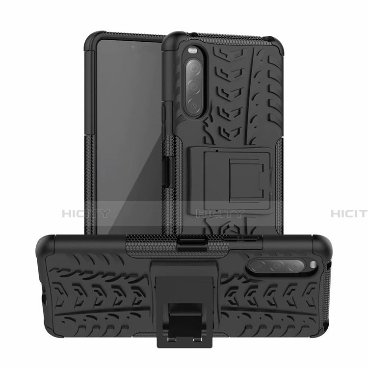 Silikon Hülle Handyhülle und Kunststoff Schutzhülle Hartschalen Tasche mit Ständer für Sony Xperia 10 II Schwarz Plus