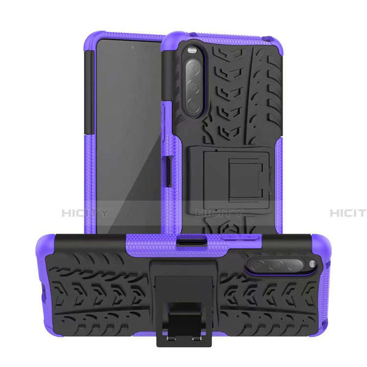 Silikon Hülle Handyhülle und Kunststoff Schutzhülle Hartschalen Tasche mit Ständer für Sony Xperia 10 II Violett Plus