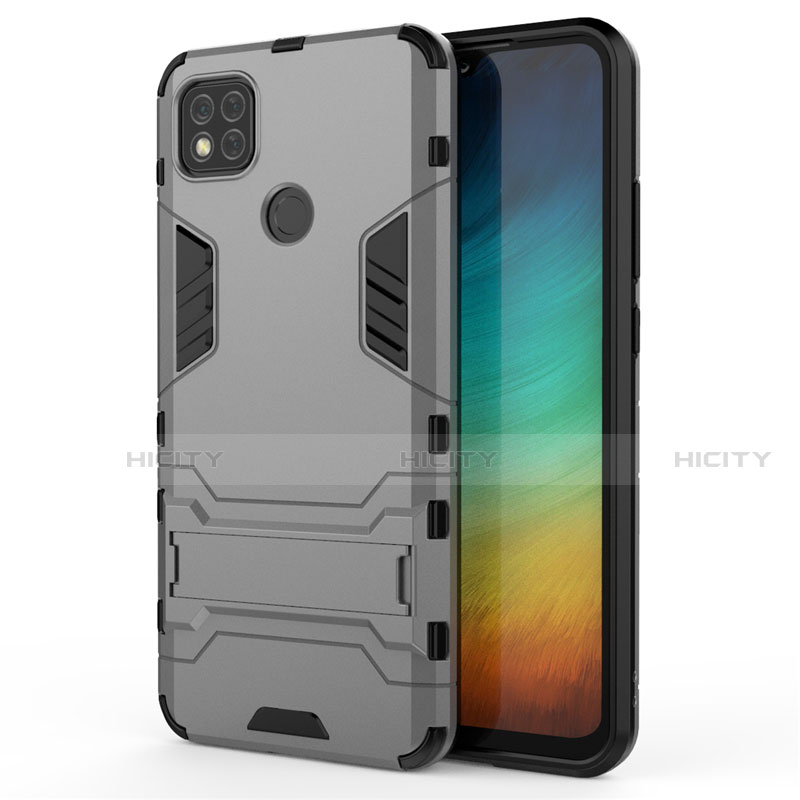 Silikon Hülle Handyhülle und Kunststoff Schutzhülle Hartschalen Tasche mit Ständer für Xiaomi Redmi 9 India Grau Plus