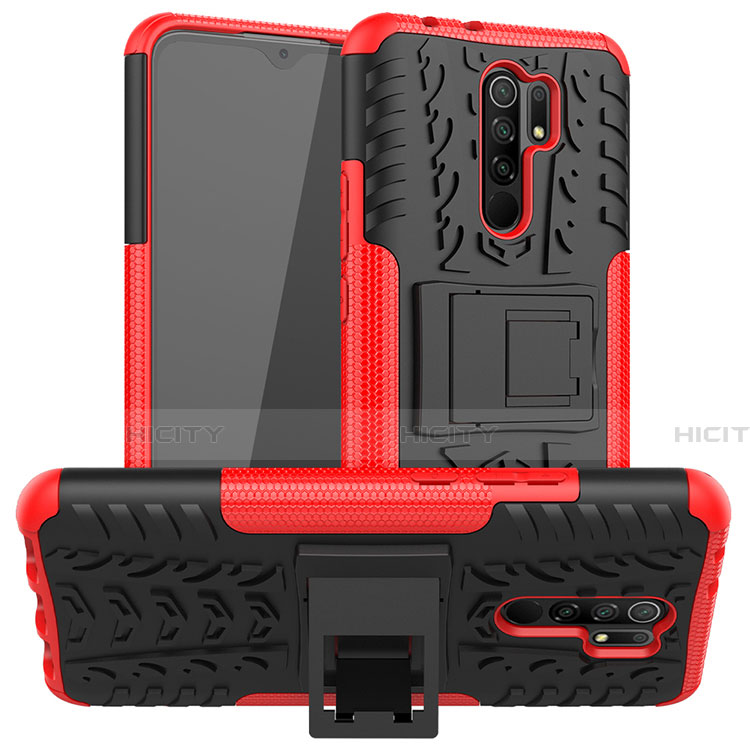 Silikon Hülle Handyhülle und Kunststoff Schutzhülle Hartschalen Tasche mit Ständer für Xiaomi Redmi 9 Rot