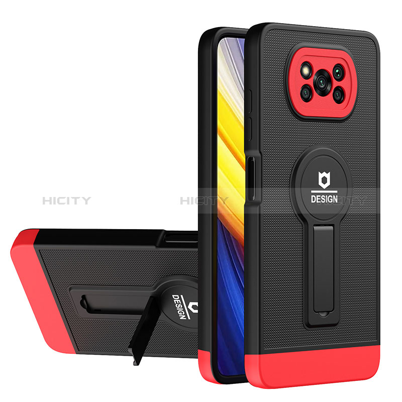 Silikon Hülle Handyhülle und Kunststoff Schutzhülle Hartschalen Tasche mit Ständer H01P für Xiaomi Poco X3 Pro Rot und Schwarz