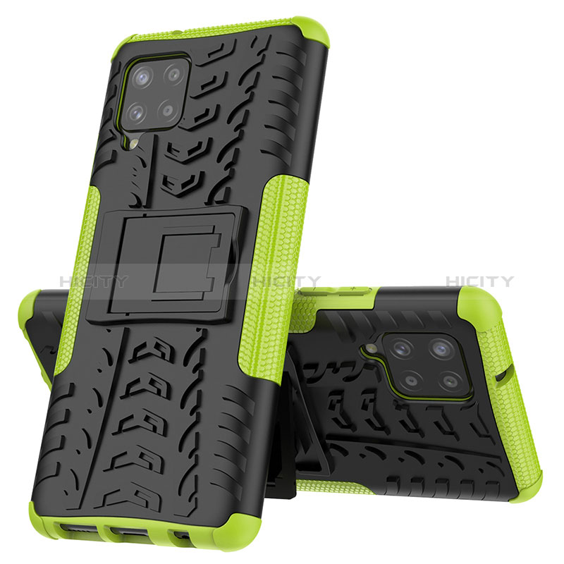 Silikon Hülle Handyhülle und Kunststoff Schutzhülle Hartschalen Tasche mit Ständer J01X für Samsung Galaxy A42 5G Grün