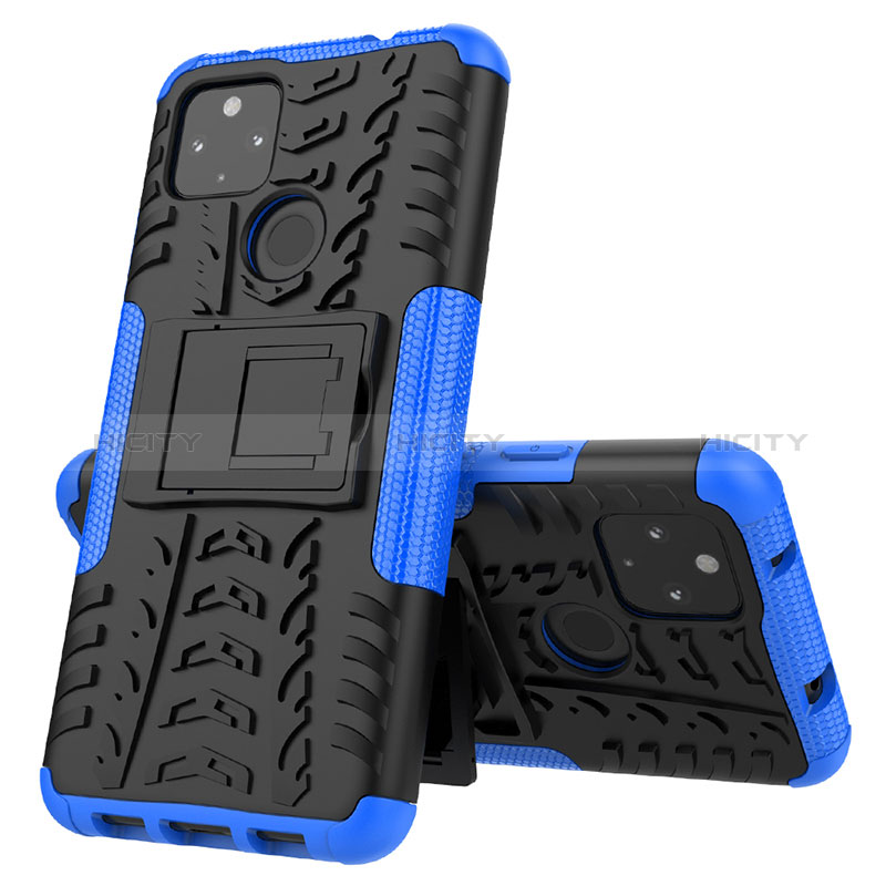 Silikon Hülle Handyhülle und Kunststoff Schutzhülle Hartschalen Tasche mit Ständer JX1 für Google Pixel 4a 5G Blau