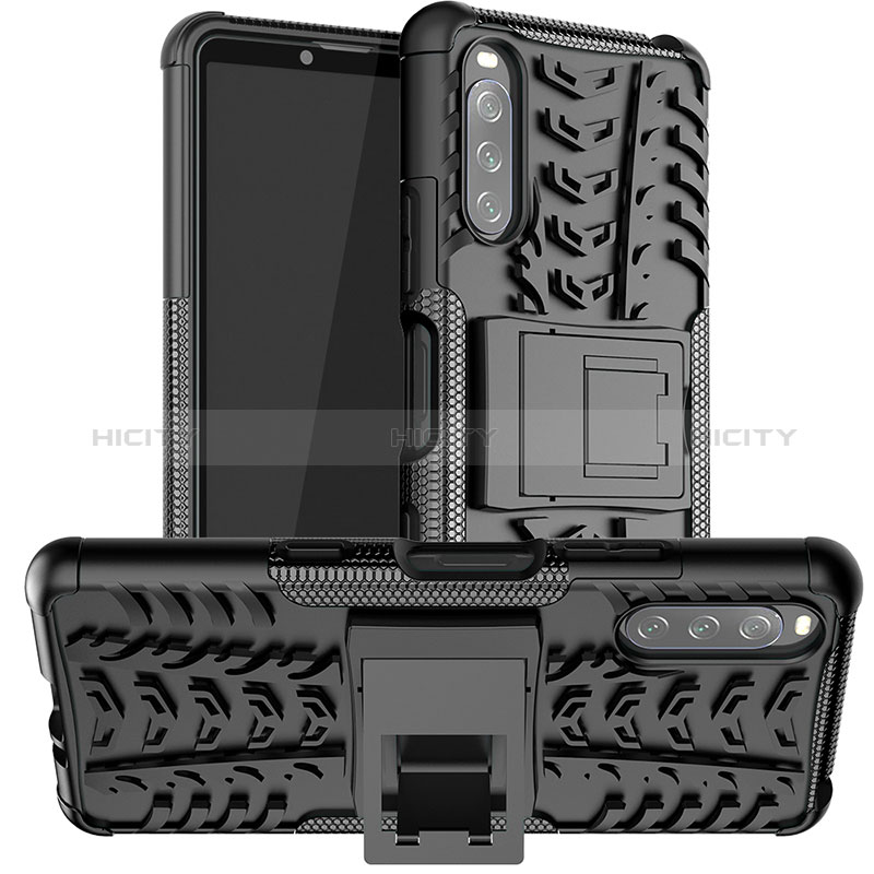 Silikon Hülle Handyhülle und Kunststoff Schutzhülle Hartschalen Tasche mit Ständer JX1 für Sony Xperia 10 III