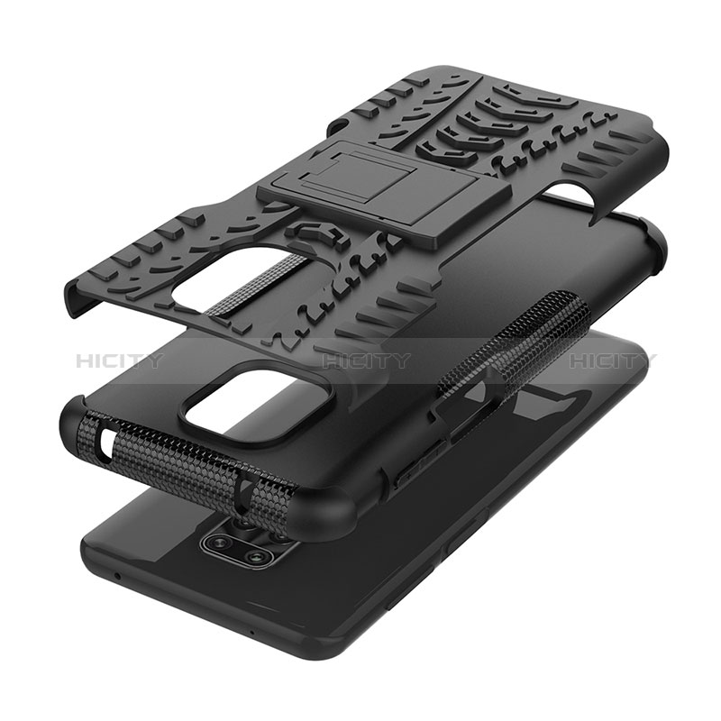 Silikon Hülle Handyhülle und Kunststoff Schutzhülle Hartschalen Tasche mit Ständer JX1 für Xiaomi Redmi Note 9 Pro