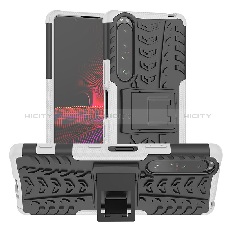 Silikon Hülle Handyhülle und Kunststoff Schutzhülle Hartschalen Tasche mit Ständer JX2 für Sony Xperia 1 III