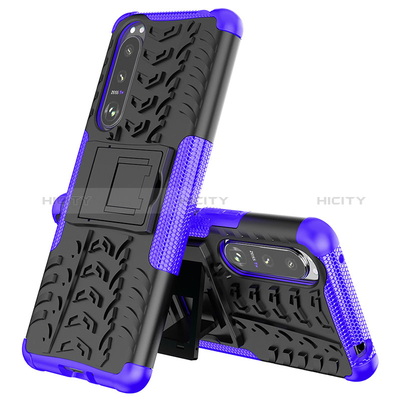 Silikon Hülle Handyhülle und Kunststoff Schutzhülle Hartschalen Tasche mit Ständer JX2 für Sony Xperia 5 III Violett