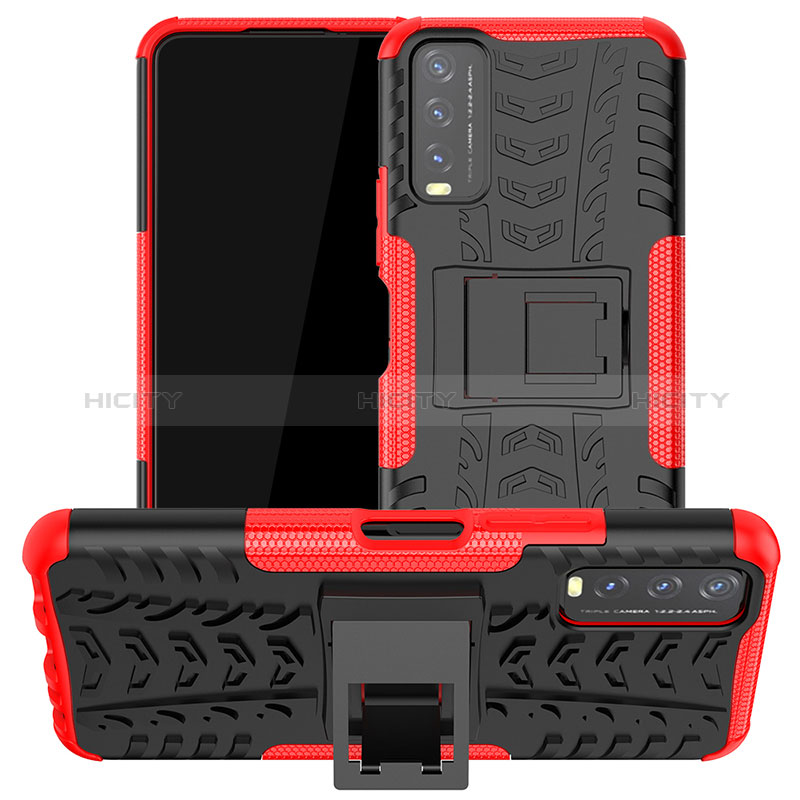 Silikon Hülle Handyhülle und Kunststoff Schutzhülle Hartschalen Tasche mit Ständer JX2 für Vivo Y30 Rot