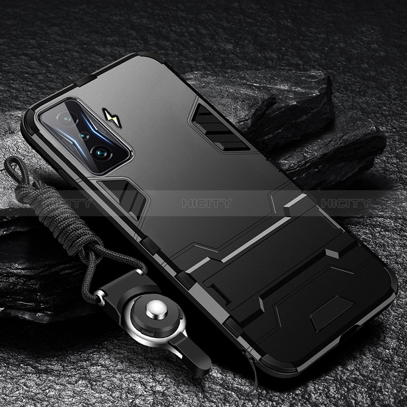 Silikon Hülle Handyhülle und Kunststoff Schutzhülle Hartschalen Tasche mit Ständer R01 für Xiaomi Poco F4 GT 5G Schwarz