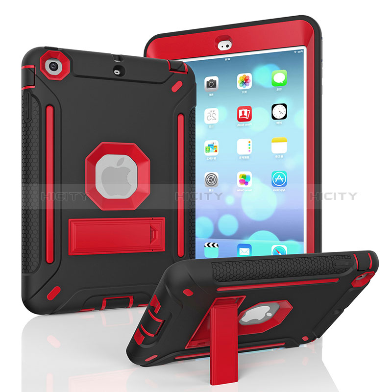 Silikon Hülle Handyhülle und Kunststoff Schutzhülle Hartschalen Tasche mit Ständer YJ1 für Apple iPad Mini 2 Rot und Schwarz