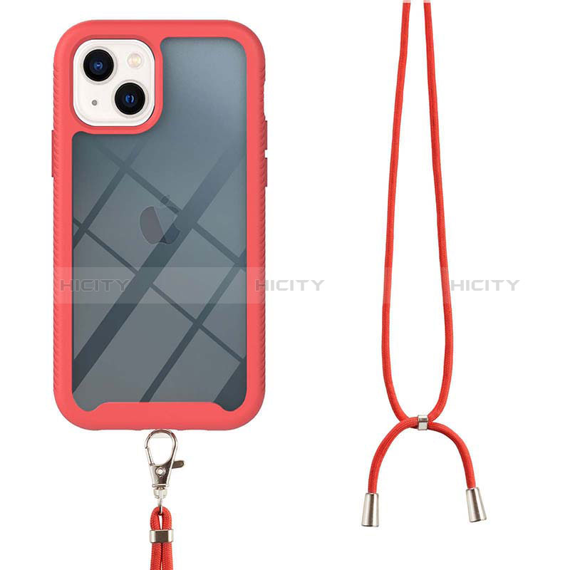 Silikon Hülle Handyhülle und Kunststoff Schutzhülle Hartschalen Tasche Vorder und Rückseite 360 Grad Ganzkörper mit Schlüsselband Lanyard für Apple iPhone 14 groß