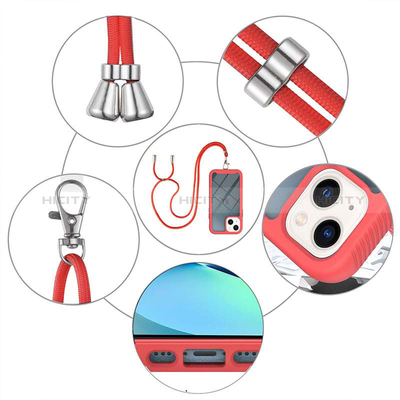 Silikon Hülle Handyhülle und Kunststoff Schutzhülle Hartschalen Tasche Vorder und Rückseite 360 Grad Ganzkörper mit Schlüsselband Lanyard für Apple iPhone 14 groß