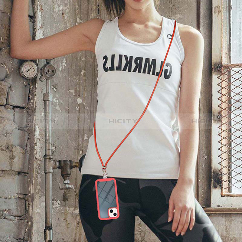 Silikon Hülle Handyhülle und Kunststoff Schutzhülle Hartschalen Tasche Vorder und Rückseite 360 Grad Ganzkörper mit Schlüsselband Lanyard für Apple iPhone 14 groß