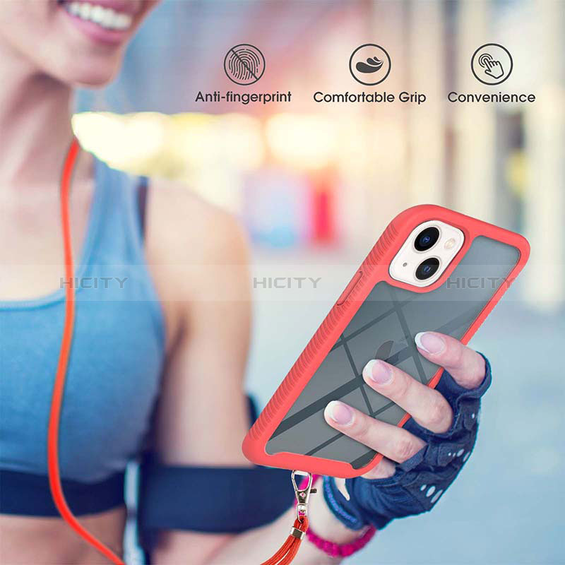 Silikon Hülle Handyhülle und Kunststoff Schutzhülle Hartschalen Tasche Vorder und Rückseite 360 Grad Ganzkörper mit Schlüsselband Lanyard für Apple iPhone 14 Plus
