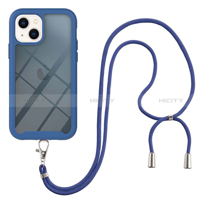 Silikon Hülle Handyhülle und Kunststoff Schutzhülle Hartschalen Tasche Vorder und Rückseite 360 Grad Ganzkörper mit Schlüsselband Lanyard für Apple iPhone 14 Plus Blau
