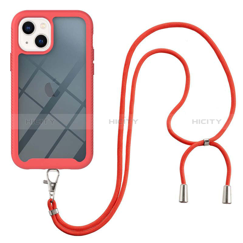 Silikon Hülle Handyhülle und Kunststoff Schutzhülle Hartschalen Tasche Vorder und Rückseite 360 Grad Ganzkörper mit Schlüsselband Lanyard für Apple iPhone 14 Rot Plus