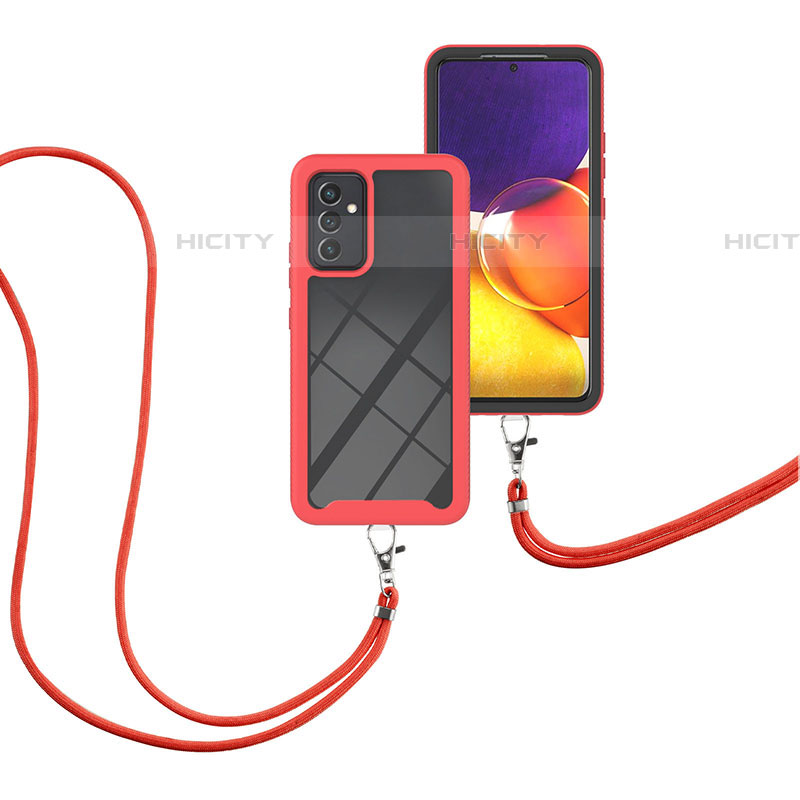 Silikon Hülle Handyhülle und Kunststoff Schutzhülle Hartschalen Tasche Vorder und Rückseite 360 Grad Ganzkörper mit Schlüsselband Lanyard für Samsung Galaxy A25 5G Rot