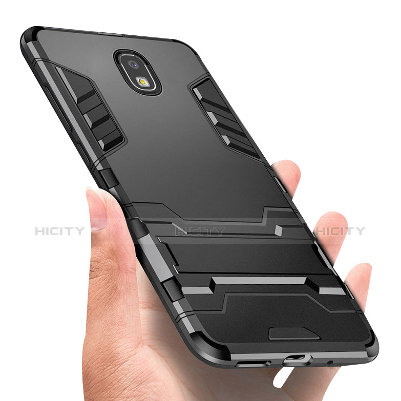 Silikon Hülle Handyhülle und Kunststoff Schutzhülle mit Fingerring Ständer A01 für Samsung Galaxy J3 (2018) SM-J377A Schwarz Plus