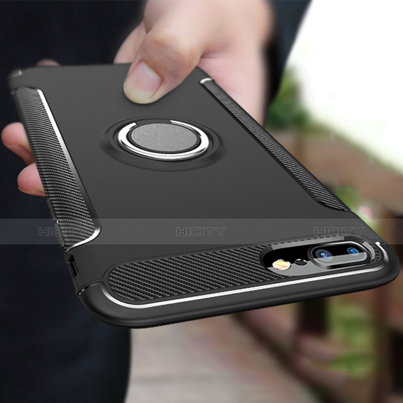 Silikon Hülle Handyhülle und Kunststoff Schutzhülle mit Fingerring Ständer A03 für Apple iPhone 7 Plus Schwarz Plus