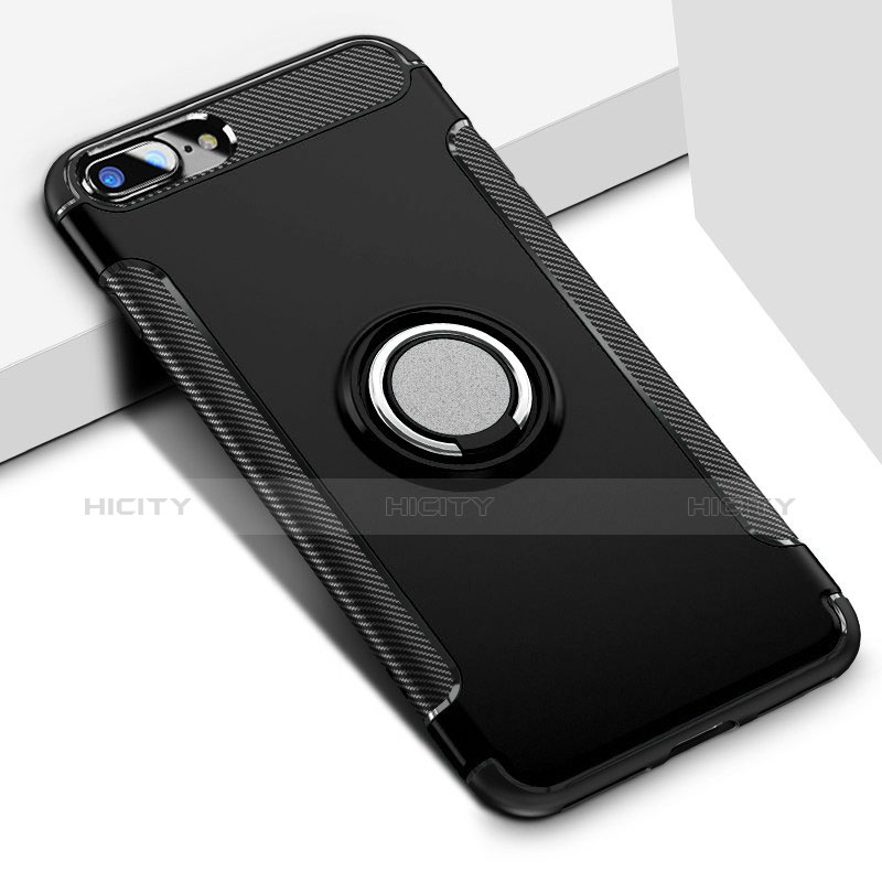 Silikon Hülle Handyhülle und Kunststoff Schutzhülle mit Fingerring Ständer A03 für Apple iPhone 7 Plus Schwarz groß