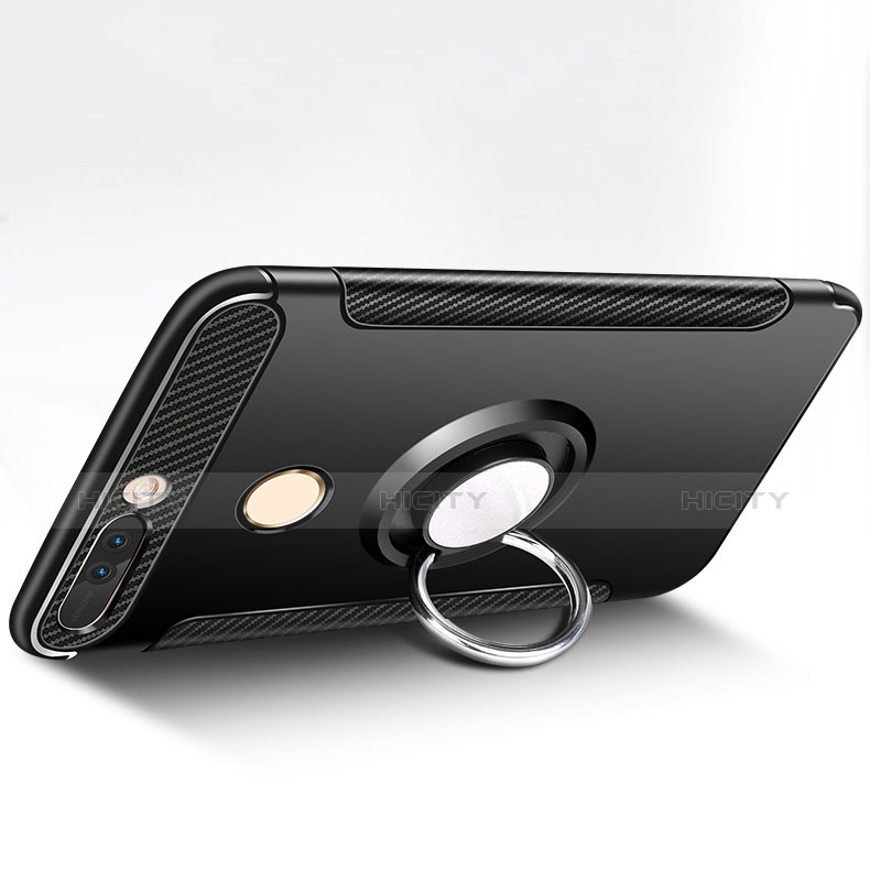 Silikon Hülle Handyhülle und Kunststoff Schutzhülle mit Fingerring Ständer für Huawei Honor V9 Schwarz Plus