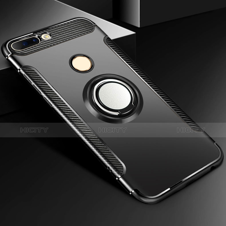 Silikon Hülle Handyhülle und Kunststoff Schutzhülle mit Fingerring Ständer für Huawei Honor V9 Schwarz groß