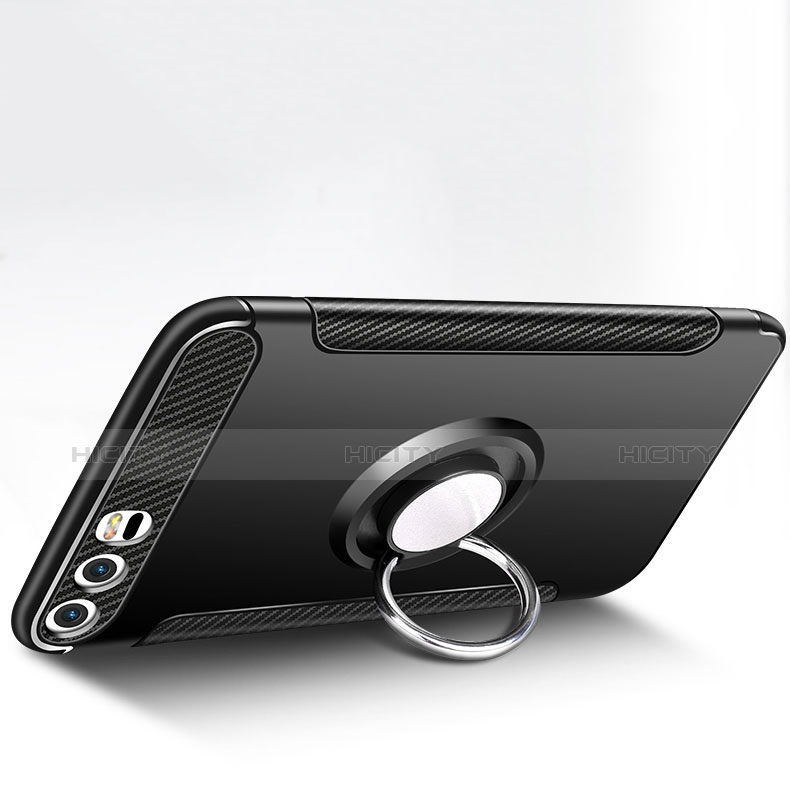 Silikon Hülle Handyhülle und Kunststoff Schutzhülle mit Fingerring Ständer für Huawei P10 Plus Schwarz Plus