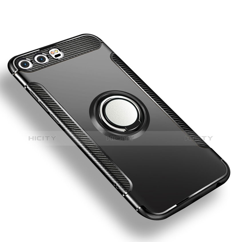 Silikon Hülle Handyhülle und Kunststoff Schutzhülle mit Fingerring Ständer für Huawei P10 Plus Schwarz groß